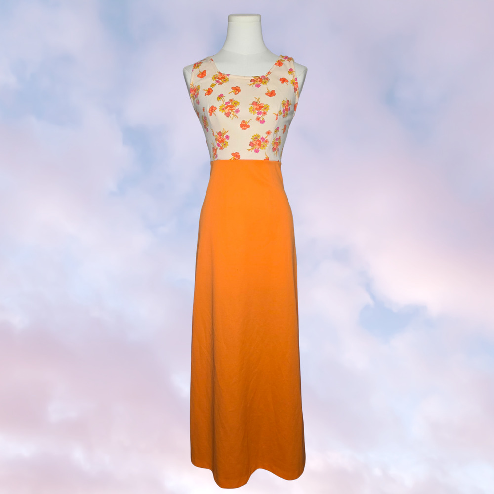 Vtg 60s Handmade Orange Floral Sleeveless Retro Mod Empire Waist Maxi Dress Gown